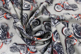 Swirled swatch Motorcycle fabric (grey fabric with tossed full colour Motorcycles allover)