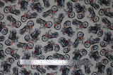 Flat swatch Motorcycle fabric (grey fabric with tossed full colour Motorcycles allover)