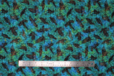 Flat swatch Crows fabric (teal marbled look fabric with black tossed crows allover)