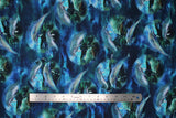 Flat swatch Portraits fabric (underwater look fabric with circular bubbles with dolphin images within)