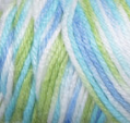 Swatch of Caron Simply Soft Paints yarn in shade funny boy (white/light blues/greens colourway)