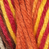 Swatch of Caron Simply Soft Paints yarn in shade sunset autumn (yellow/orange/red/brown colourway)