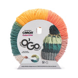 Caron Colorama round shaped yarn with label in colourway First Blush (cream, teal, mustard, bright orange, blush pink)