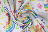 Swirled swatch be kind be you fabric (white fabric with grey raindrops allover and colourful rainbows, hearts, flowers, happy flowers, happy suns, happy clouds tossed allover)