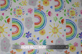 Flat swatch be kind be you fabric (white fabric with grey raindrops allover and colourful rainbows, hearts, flowers, happy flowers, happy suns, happy clouds tossed allover)