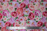 Flat swatch flower printed fabric in multi (large floral heads and leaves on white)