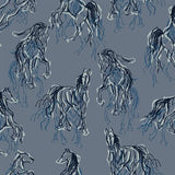 Swatch of wild horses printed fabric in shadow (grey fabric with sketched horse outlines layered in blue white black tossed allover)