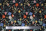 Flat swatch Strawberry Fields collection floral printed fabric in black meadow (multi-coloured floral and strawberries on black)