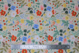 Flat swatch Strawberry Fields collection floral printed fabric in white meadow (multi-coloured floral and strawberries on white)