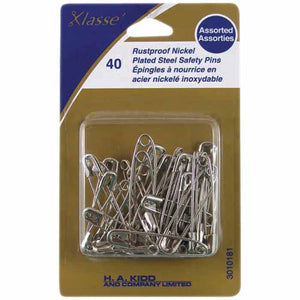 Pack of 40 steel safety pins in packaging (assorted sizes)