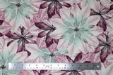 Flat swatch floral printed fabric in mulberry (layered large floral heads printed fabric in white/pale teal and purple)