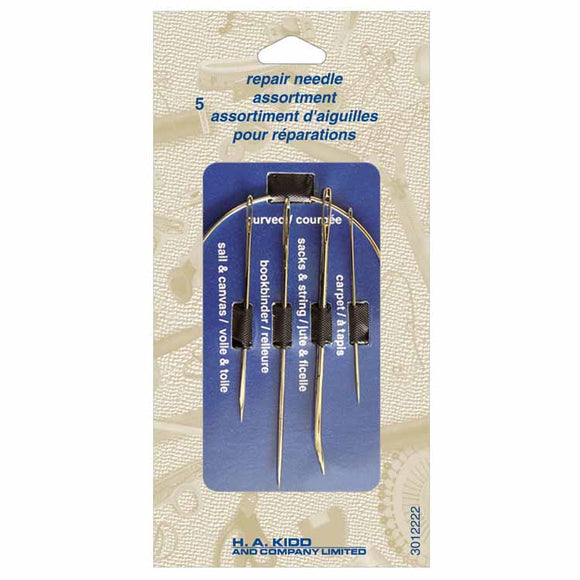 Set of 5 assorted repair needles in packaging (curved and straight)