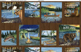 Lake Squares fabric swatch (brown wood vertical paneling background with assorted size squares with lake themed illustrated look graphics and text: fish, lake and tree line, canoe, camp fire, etc. all within a forest scene)
