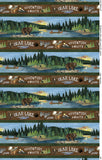Lake Stripes fabric swatch (thick illustrated look lake scene stripes with forest and lake alternating with brown wood stripes with "Bear Lake" "Adventure Awaits" text and lake related emblems all separated by green stripes)