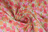 Swirled swatch Bouquet in Pink fabric (white fabric with tossed bright coloured floral allover in various styles: orange, light pink and deep pink floral with bright greenery)
