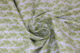 Swirled swatch Leafy Green fabric (white fabric with medium thick stripes of green leaves making sideways v shapes)