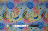 Flat swatch Keep Looking Up fabric (pastel rainbow marbled look fabric with tossed doodled stars, moons and rainbows with handwritten look text "love you to the moon and back" etc)