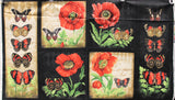 Full panel swatch poppies & butterflies panel (black fabric rectangle with subtle alternating darkest grey and black diamond pattern tiled, two long and skinny panels on either side in beige and black with four red butterflies and greenery at the bottom, 4 squares in the middle 2 beige, 2 black with red poppies with stems and a butterfly in each)