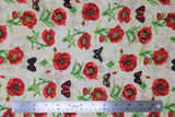 Flat swatch fabric poppies & butterflies tossed white (white fabric with tossed red poppies with green stems and red/black butterflies)