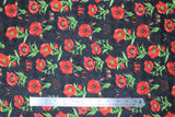 Flat swatch fabric poppies & butterflies tossed black (black fabric with tossed red poppies with green stems and red/black butterflies)