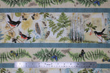 Flat swatch forest themed fabric in Forest Life Stripe (birds, trees on white with blue stripes)