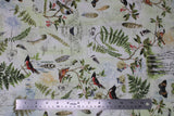 Flat swatch forest themed fabric in Bird Notes (plants, bugs, birds vintage look collage on white)
