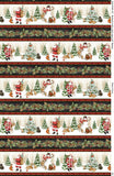 Santa Stripes fabric swatch (thick white snowy forest scene stripes with snowmen, woodland creatures and Santa, alternating with thinner black stripes with red holly berries and greenery all separated by thin red plaid stripes)