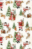 Forest Santa fabric swatch (white fabric with snowy forest scene with trees, snowmen, woodland creatures and Santa)