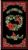 Full panel swatch - Cardinal Panel (24" x 43") (black rectangular panel with red/black buffalo check border and poinsettia plant & greenery vignette style decorations with heart shaped greenery in center with poinsettia flower, red cardinal and two greenery arches - one above, one below with red cardinal)