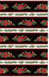 Winter Stripes fabric swatch (horizontal thick striped fabric: black stripes with red/black buffalo check borders and red and green floral, greenery and cardinal birds within with seasonal related text in red cursive, alternating with thinner white stripes with large greenery sprigs and pinecones)