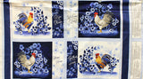 Full panel swatch - Placemats Panel (24" x 45") (panel to create 4 blue and white placemats with large coloured rooster in center and floral/greenery in white and blue shades with cursive text along side "rise and shine" "welcome to our roost" etc.)