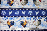 Flat swatch Stripe fabric (thick white horizontal stripes with faint blue sketch look barn scene and medium sized full colour illustrative roosters "home sweet home" "welcome to our roost" text in cursive, separated by blue thin stripes with white feathers)