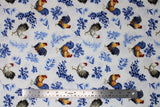 Flat swatch Rooster Toss fabric (white fabric with tossed blue floral and greenery clusters allover and tossed full colour illustrative look roosters all with subtle blue honeycomb look pattern)