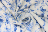 Swirled swatch Blue fabric (white fabric with blue sketched/illustrative look outdoor barn scene with roosters)