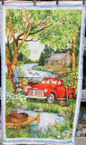 Full panel swatch - Cabin Panel (24" x 45") (lake and cottage illustrative scene panel with bright red pickup truck and trees, etc.)