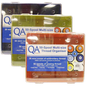 Group photo 50-spool plastic thread organizers in blue, green, and orange