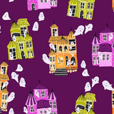 Square swatch I Heart Potions fabric (purple fabric with scattered drawn style victorian houses in orange, yellow and purple with white ghosts in and around)