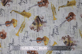 Flat swatch musical themed printed fabric in play from your heart (music related text and instruments collage on white)