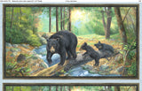 Full panel swatch - Mamma Bear Panel (43" x 24") (rectangular horizontal nature forest scene mama black bear and two cubs crossing fallen tree over flowing water in sunny forest)