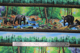 Flat swatch striped forest fabric (mama black bear and two cubs forest scene repeated with thick log stripes separating graphics)