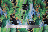 Flat swatch bear and cubs fabric (green and blue forest and water scenery with walking mama black bears and baby cubs)