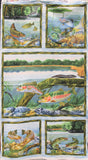 Full panel swatch vertical fish/fishing panel (blue water background with 5 green wooden frames with colourful fish in lake scenes)