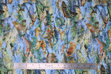 Flat swatch layered fish fabric (blue water texture background, assorted colourful lake fish layered)