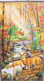Full panel swatch - Forest Panel (24" x 45") tree bark border panel with colourful fall forest scene with deer at drinking stream)