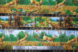 Flat swatch Stripe fabric (illustrative style full colour forest scenes with jumping deer in stripes with grey stripes separating)