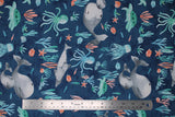 Flat swatch whale themed fabric in Big Sea Life (assorted large cartoon sea creatures on blue)
