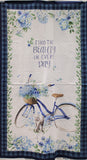 Full panel swatch - Find the Beauty Panel (45" x 23") (pale beige rectangular panel with blue plaid border, blue old style road bike with basket full of blue floral, blue floral around top and bottom of panel with leaves/greenery all around "Find the Beauty in Every Day" text)