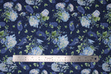 Flat swatch Fresh Flowers Navy fabric (navy fabric with tossed blue floral bouquets with some white floral and greenery, some in vases, and tossed green leaves)