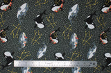 Flat swatch Floral Whale fabric (dark grey fabric with white dots and gold constellations and tossed black and grey whales with floral decorations)