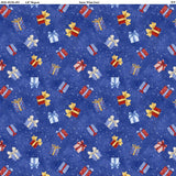 Square swatch Gift Toss fabric (blue marbled look fabric with tossed white snow dots and square gifts with bows in white, blue, red, gold colours)